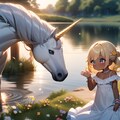湖畔でユニコーンと触れ合う少女 2枚目