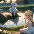 湖畔でユニコーンと触れ合う少女 6枚目