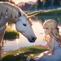 湖畔でユニコーンと触れ合う少女 5枚目