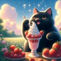 油絵ファンタジー、光り輝く練乳イチゴのソフトクリームフルーツパフェを食べる黒猫 3枚目