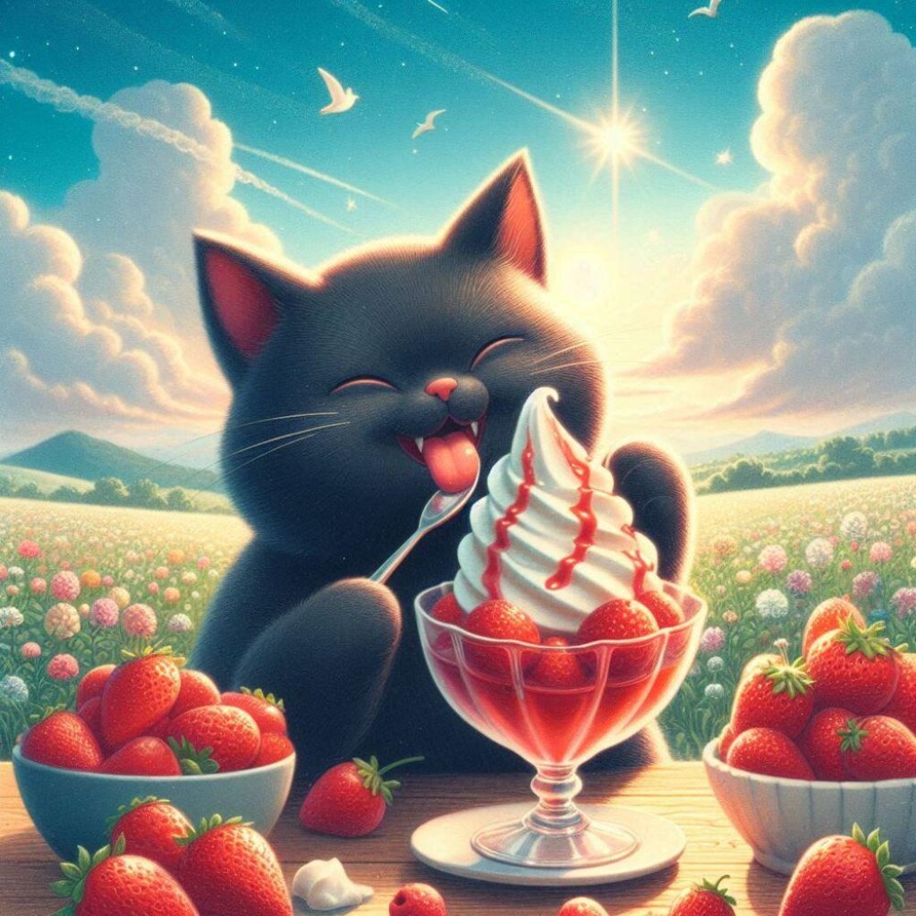 油絵ファンタジー、光り輝く練乳イチゴのソフトクリームフルーツパフェを食べる黒猫