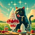 油絵ファンタジー、光り輝く練乳イチゴのソフトクリームフルーツパフェを食べる黒猫 2枚目