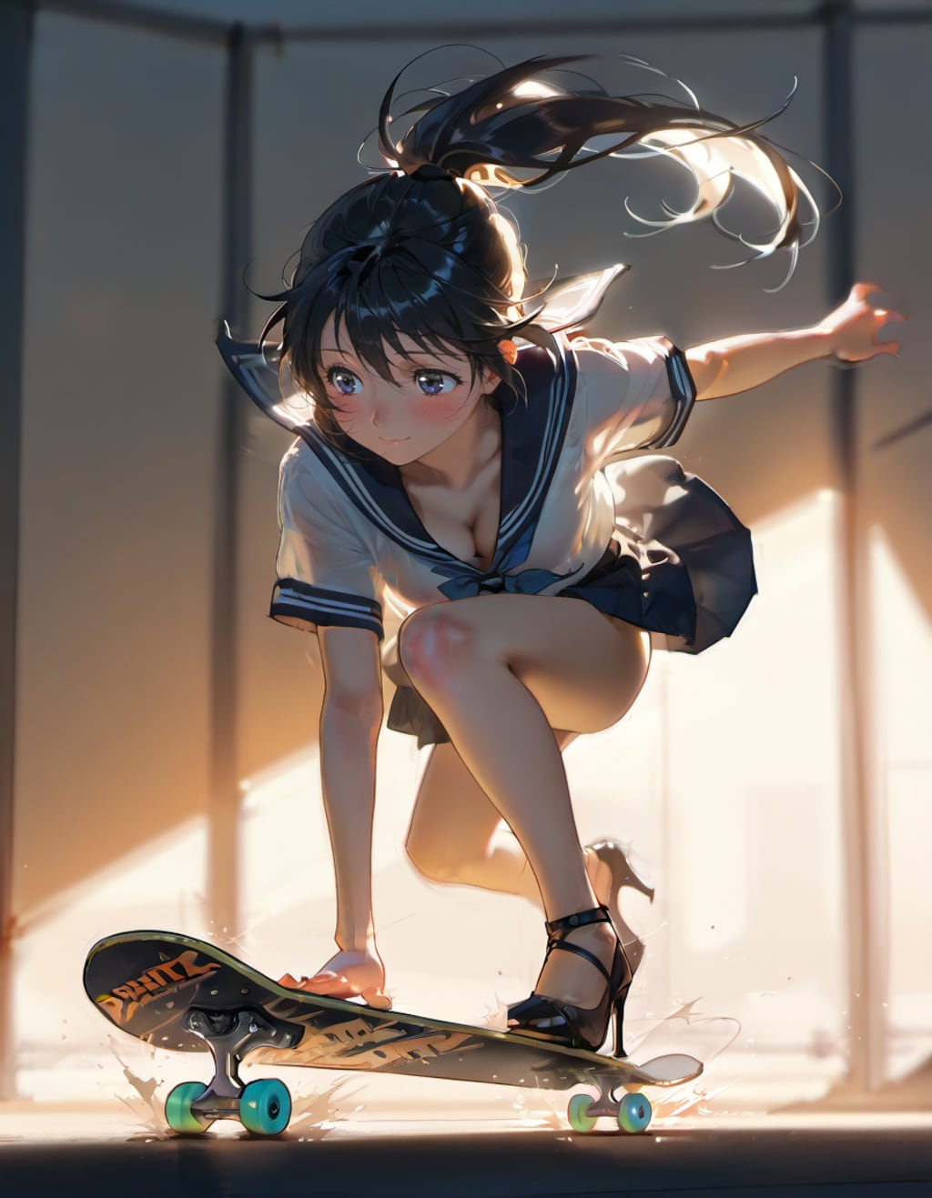 セーラー服でスケートボード