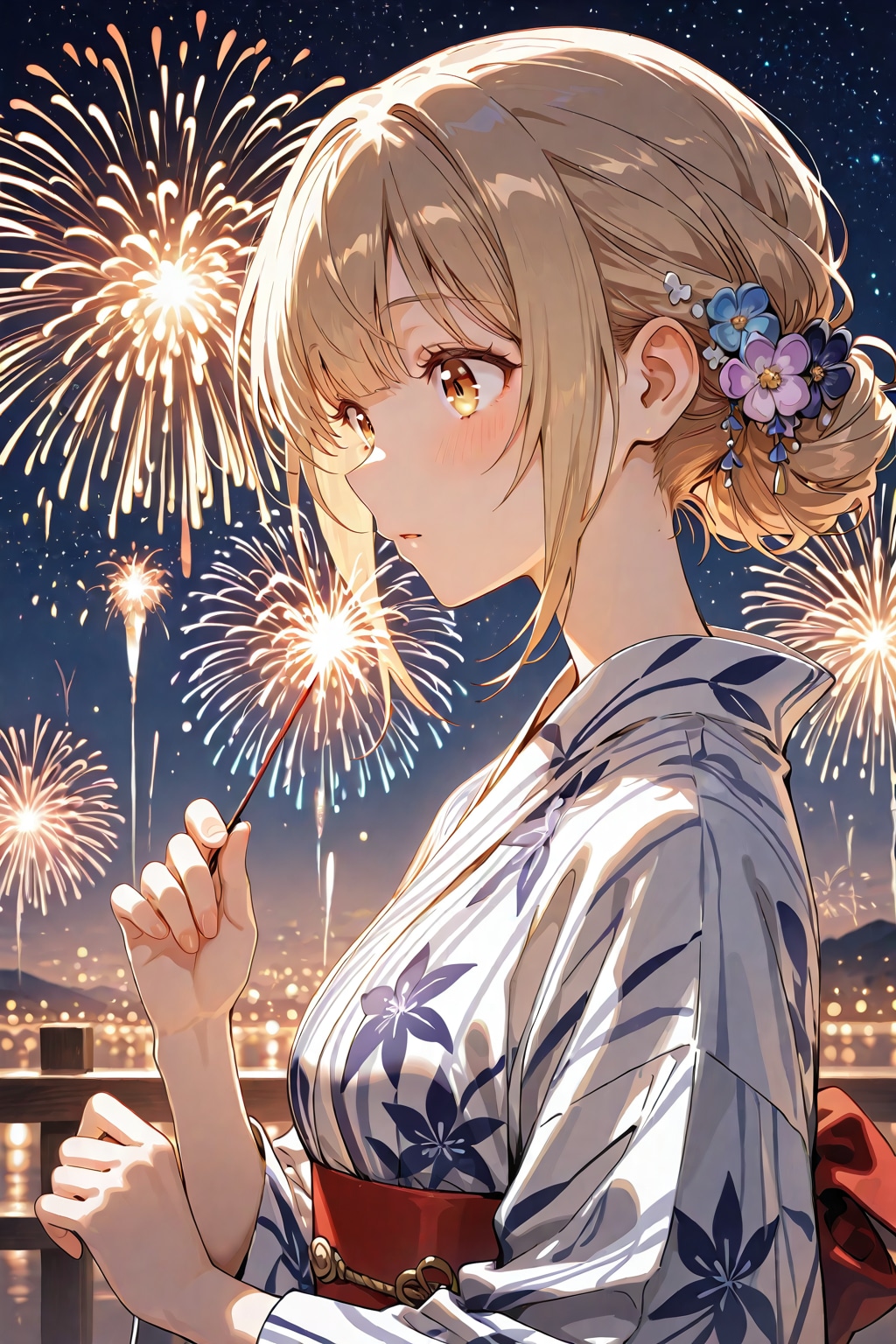 浴衣と夜空の華