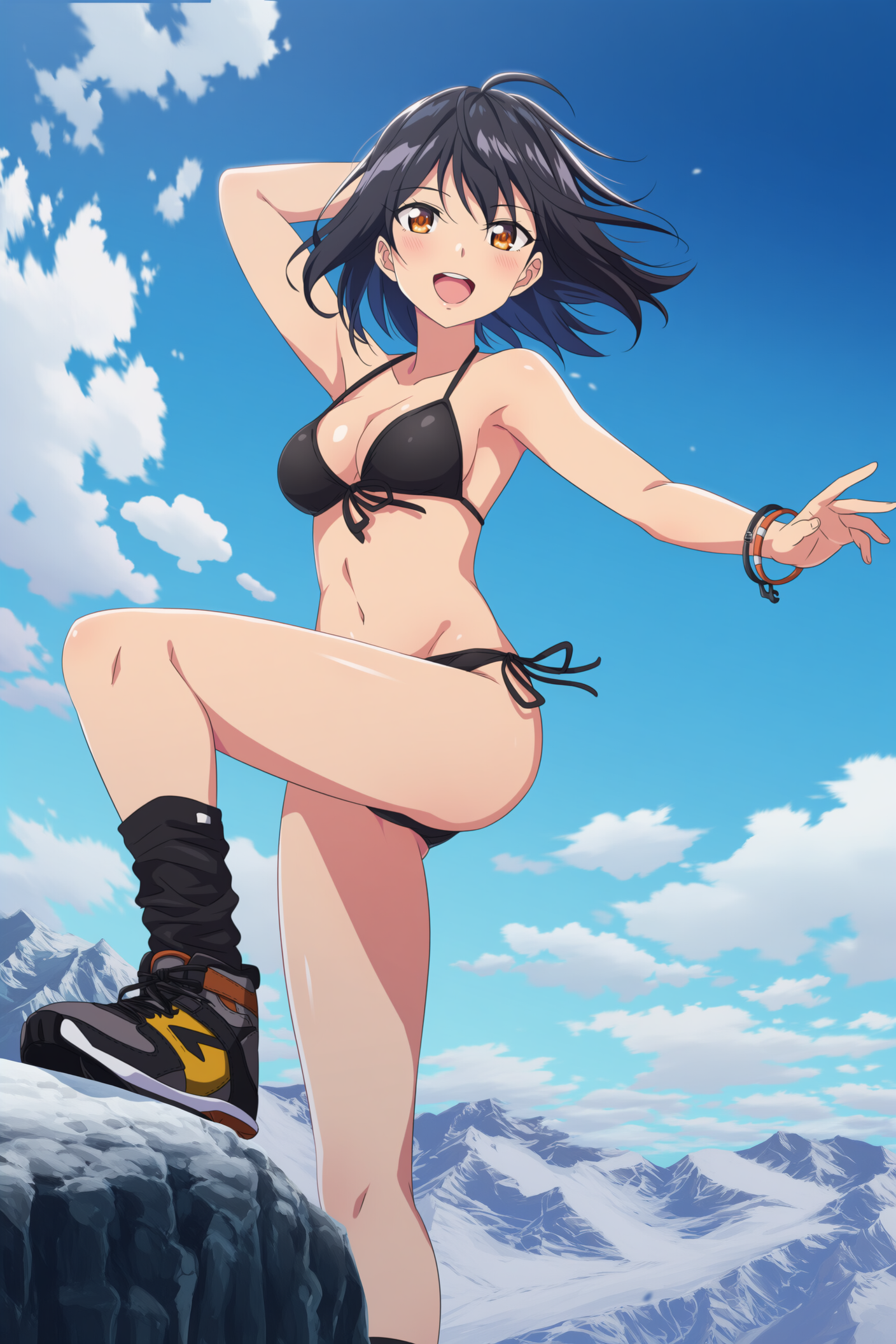 雪山で黒ビキニ+靴