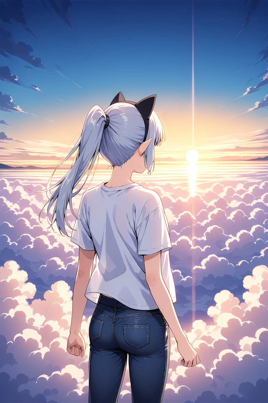 雲海の先を眺めるエルフの女の子(1)とオマケ(2)