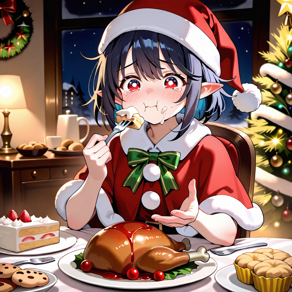 クリスマス（徹夜）明けに遅めのクリスマスディナーを取るエルフ女の子
