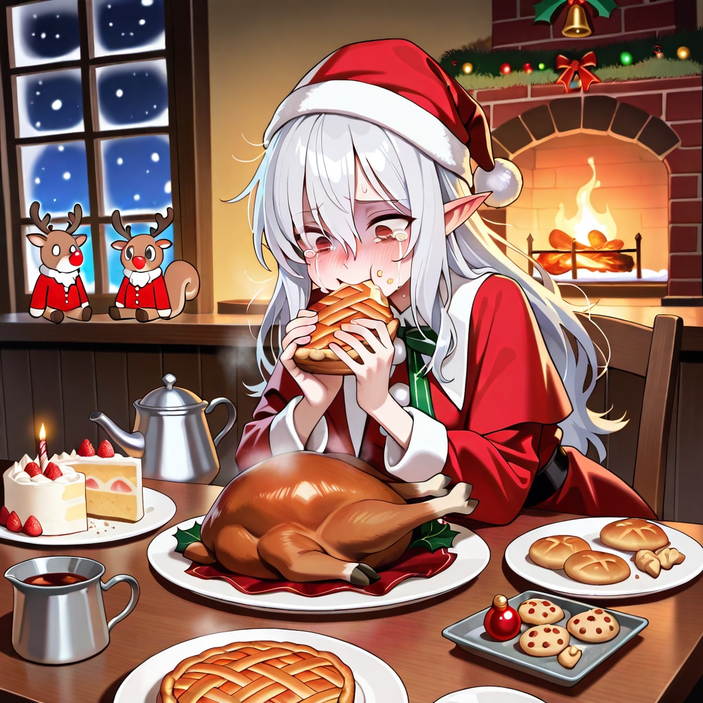 クリスマス（徹夜）明けに遅めのクリスマスディナーを取るエルフ女の子