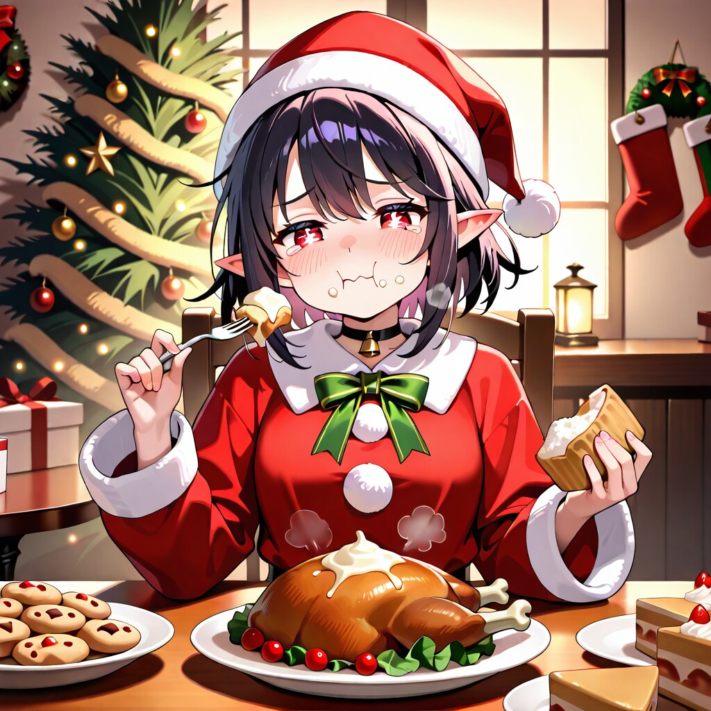 クリスマス（徹夜）明けに遅めのクリスマスディナーを取るエルフ女の子 | の人気AIイラスト・グラビア