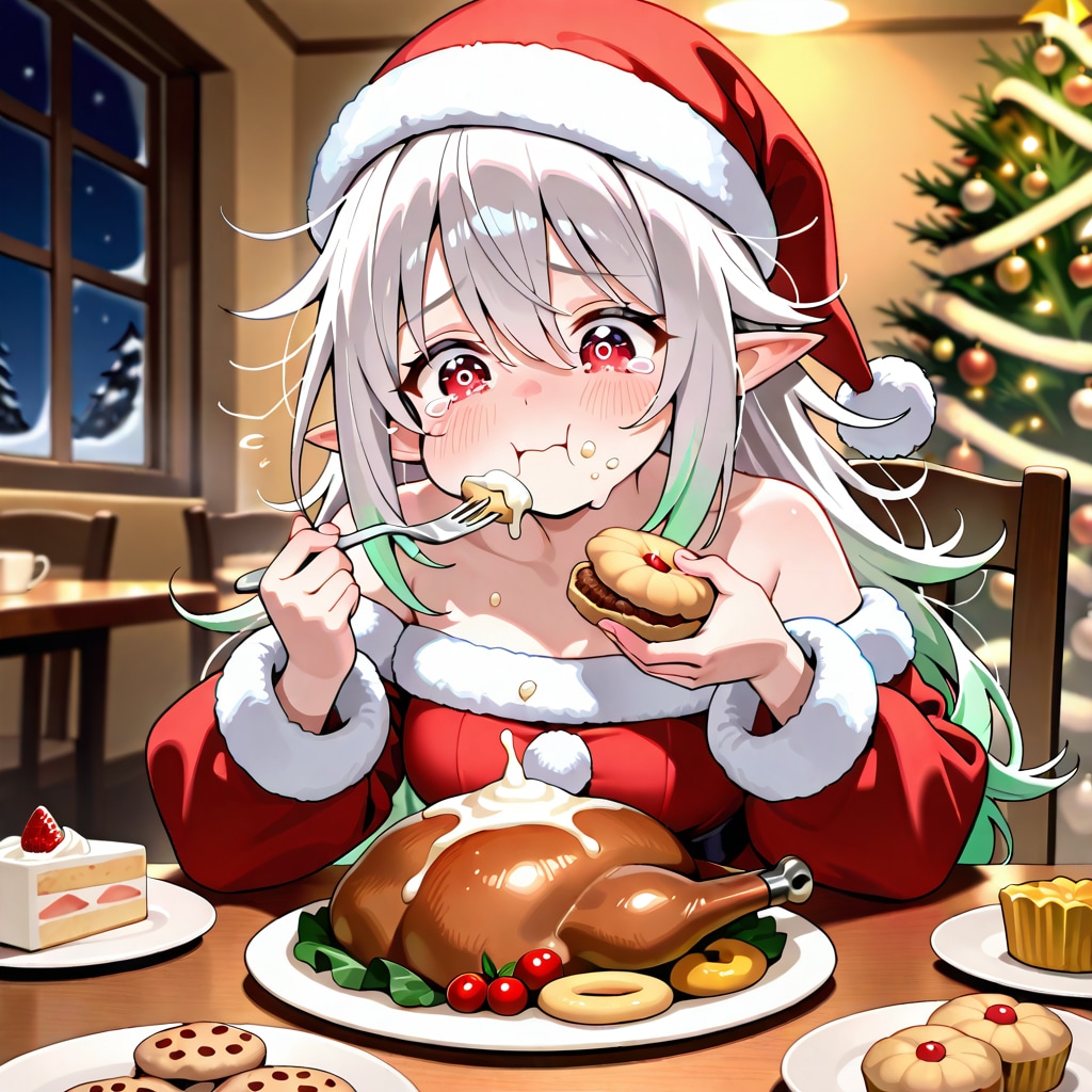 クリスマス（徹夜）明けに遅めのクリスマスディナーを取るエルフ女の子