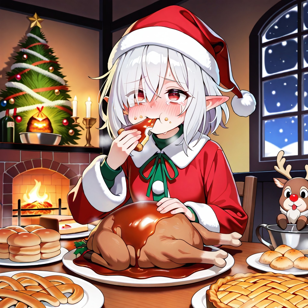 クリスマス（徹夜）明けに遅めのクリスマスディナーを取るエルフ女の子