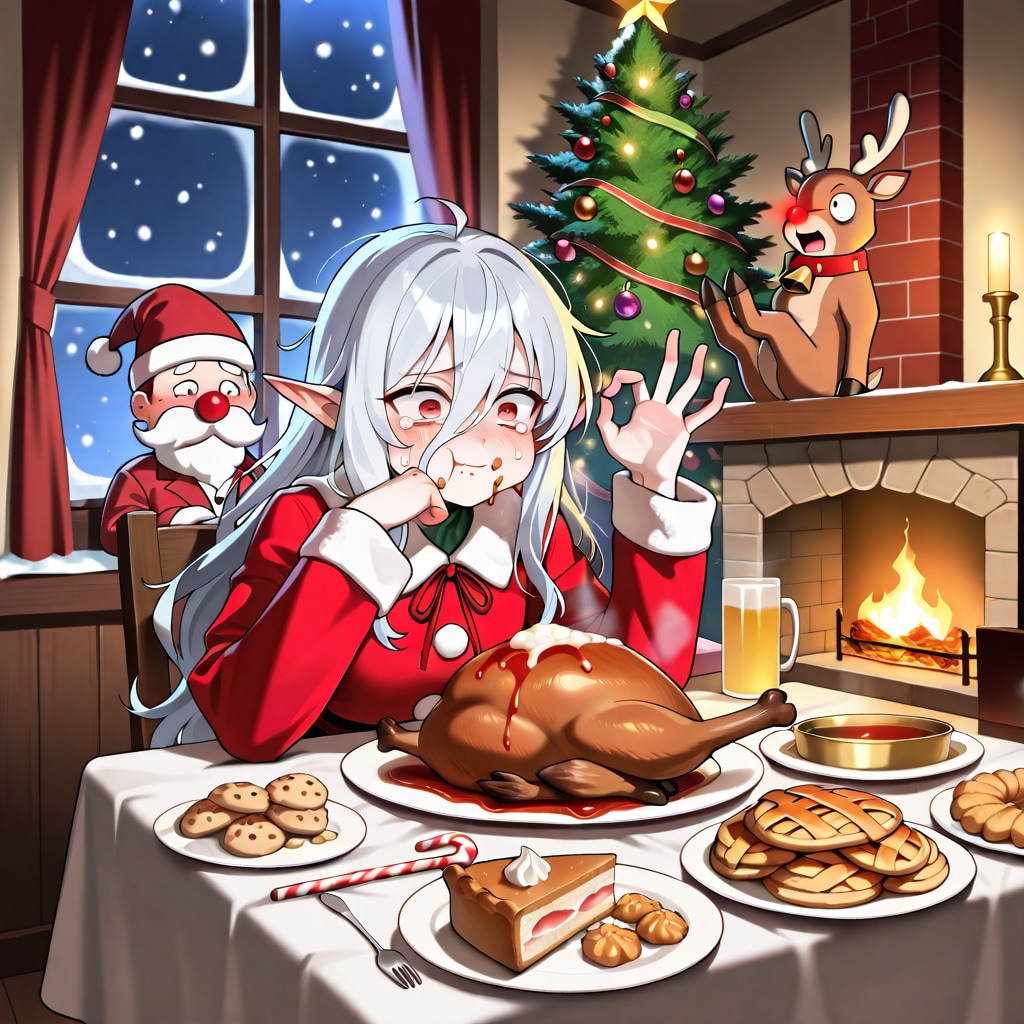 クリスマス（徹夜）明けに遅めのクリスマスディナーを取るエルフ女の子