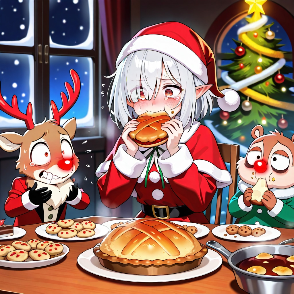 クリスマス（徹夜）明けに遅めのクリスマスディナーを取るエルフ女の子