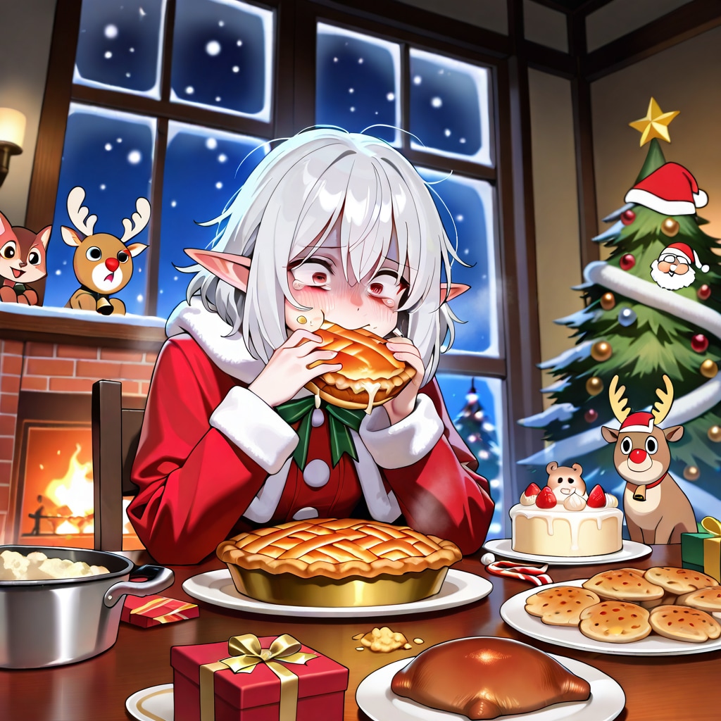 クリスマス（徹夜）明けに遅めのクリスマスディナーを取るエルフ女の子