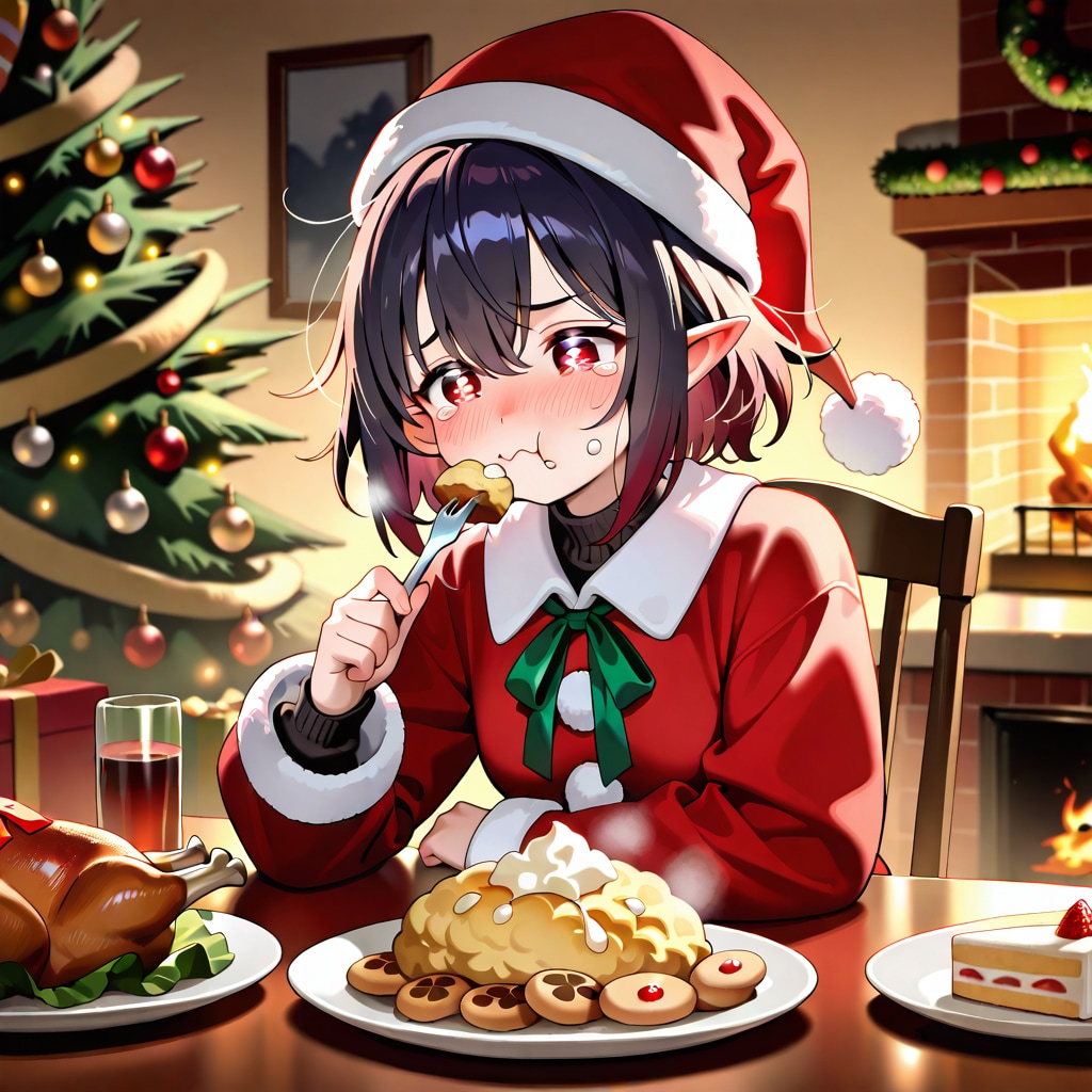 クリスマス（徹夜）明けに遅めのクリスマスディナーを取るエルフ女の子