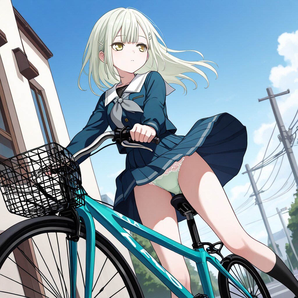 若葉睦が自転車に乗ってる時強風に煽られ、緑のパンツを露出する。
