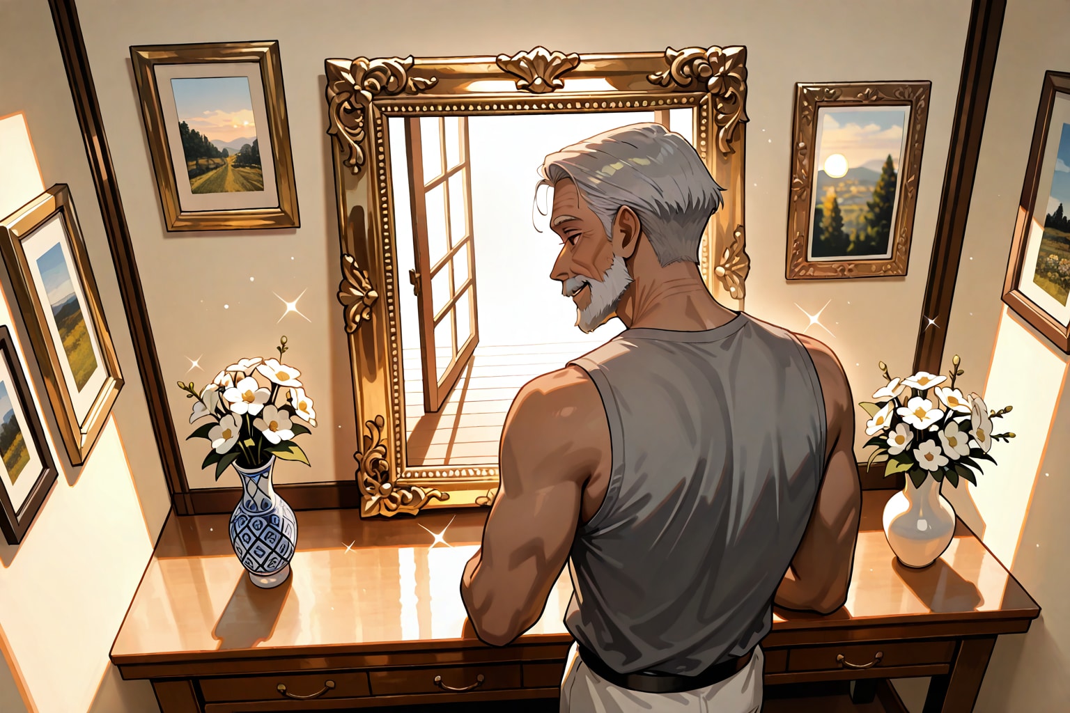 1 old man,a picture frame-photo (object),a vase and flowers