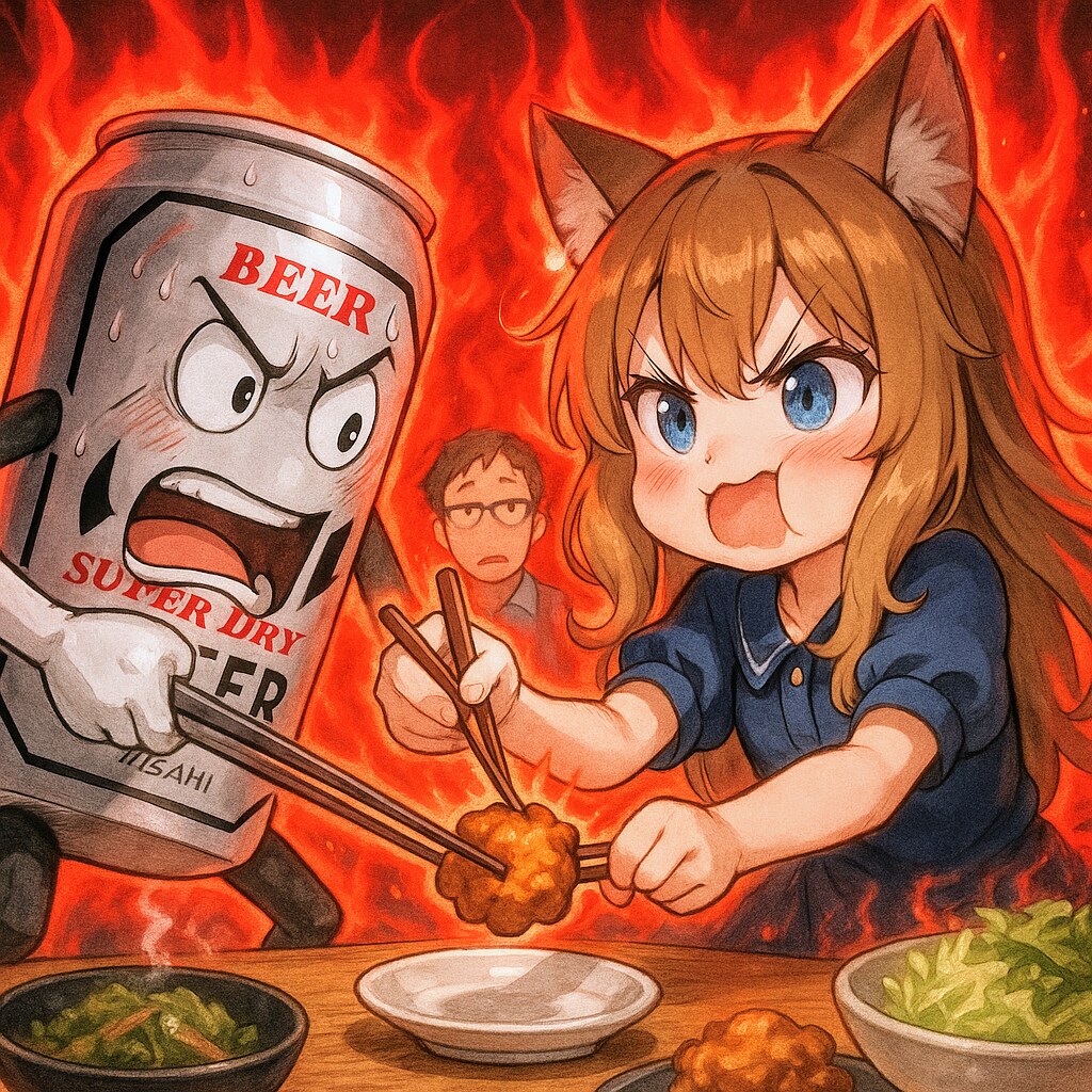 唐揚げ争奪戦のビール缶と小さな女の子