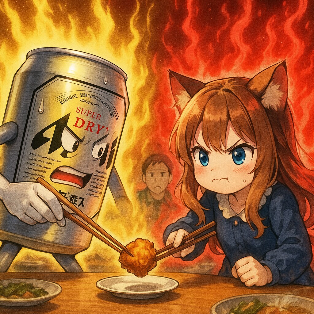 唐揚げ争奪戦のビール缶と小さな女の子