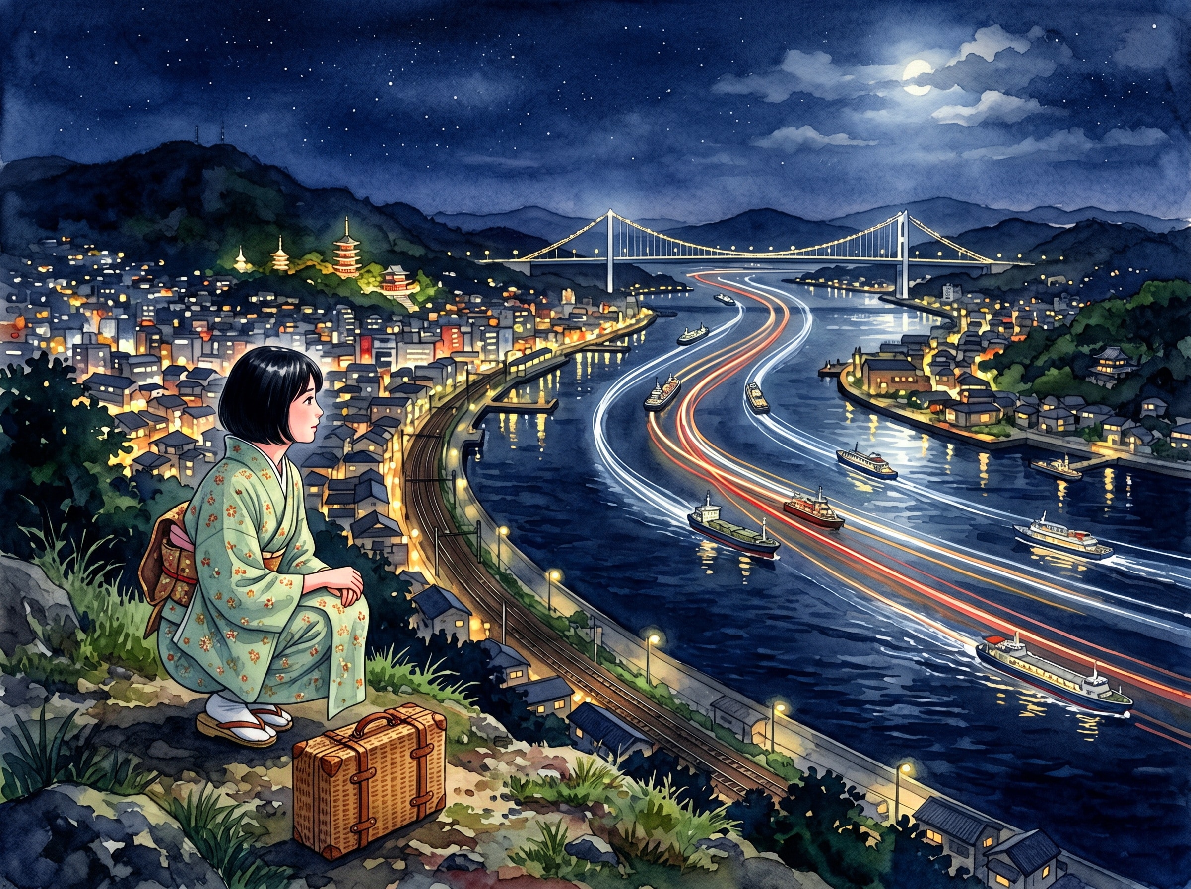 尾道海峡の夜景と放浪する女性