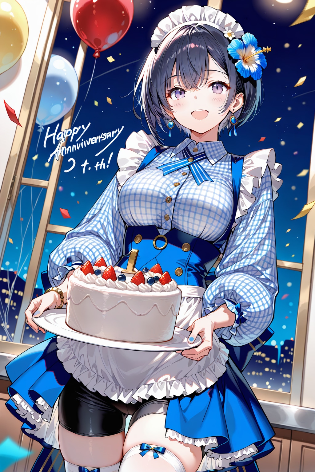 真桜月しゅじゅさんの娘で一ヶ月記念作品のギンガムチェックメイド服のリベンジとちちぷい3周年のWお祝い生成❤️