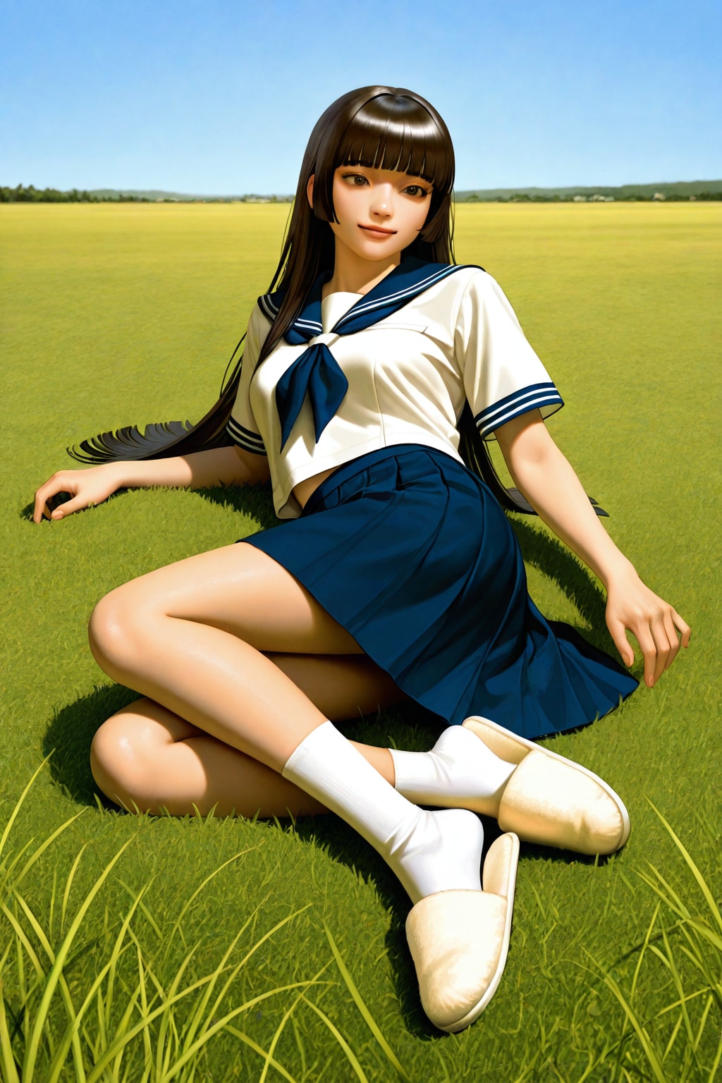 芝生の上に寝転ぶ少女