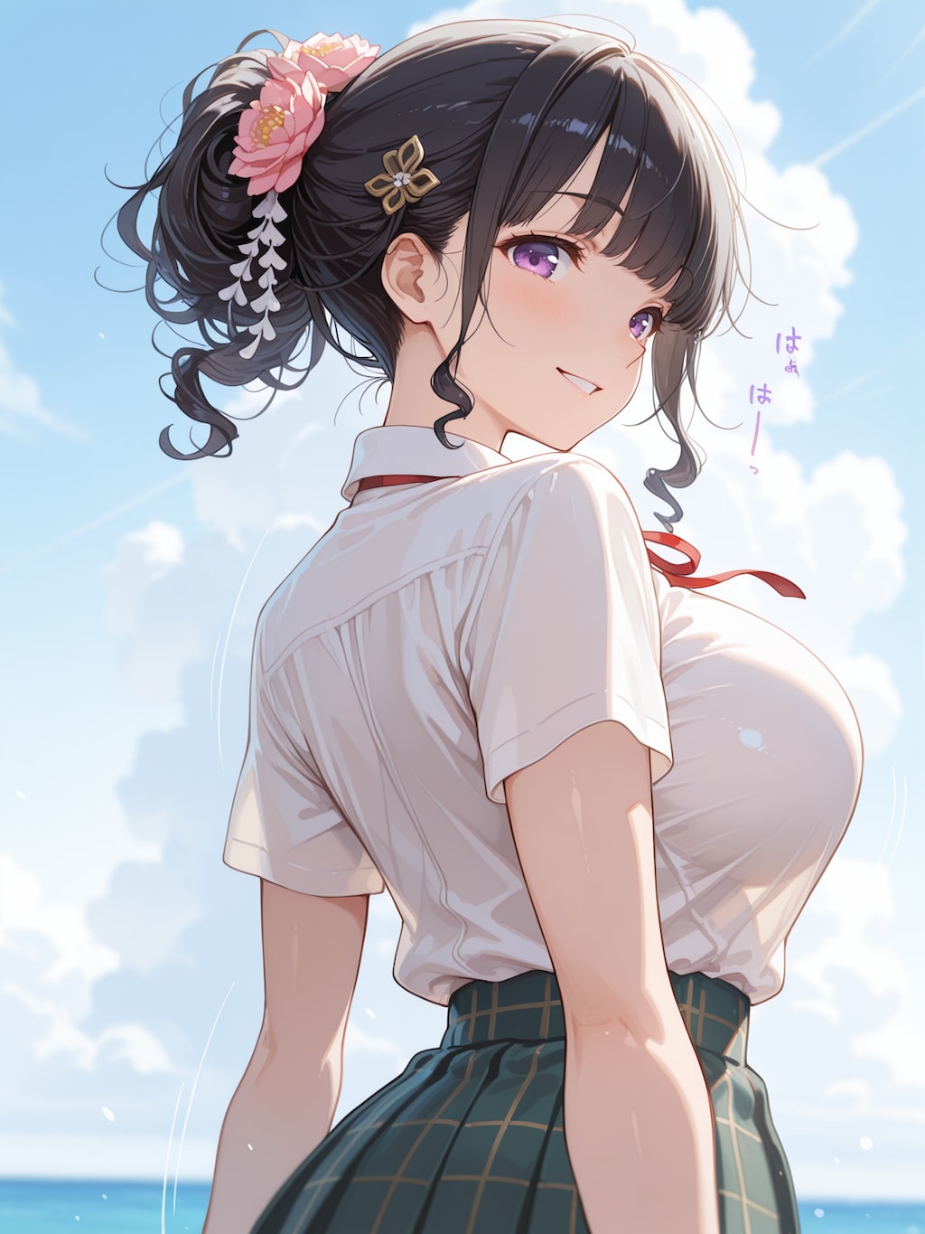 海風に揺れる髪と花