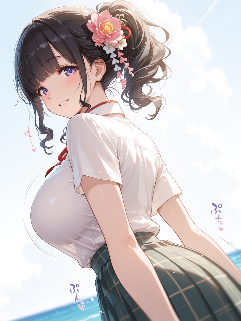 海風に揺れる髪と花