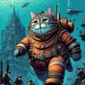 アニメ油絵SF風、海底都市散歩する潜水服巨大猫 3枚目