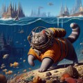 アニメ油絵SF風、海底都市散歩する潜水服巨大猫 6枚目