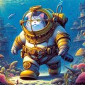 アニメ油絵SF風、海底都市散歩する潜水服巨大猫 2枚目