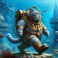 アニメ油絵SF風、海底都市散歩する潜水服巨大猫 8枚目