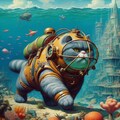 アニメ油絵SF風、海底都市散歩する潜水服巨大猫 5枚目
