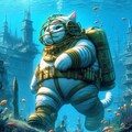 アニメ油絵SF風、海底都市散歩する潜水服巨大猫 4枚目