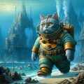 アニメ油絵SF風、海底都市散歩する潜水服巨大猫 7枚目