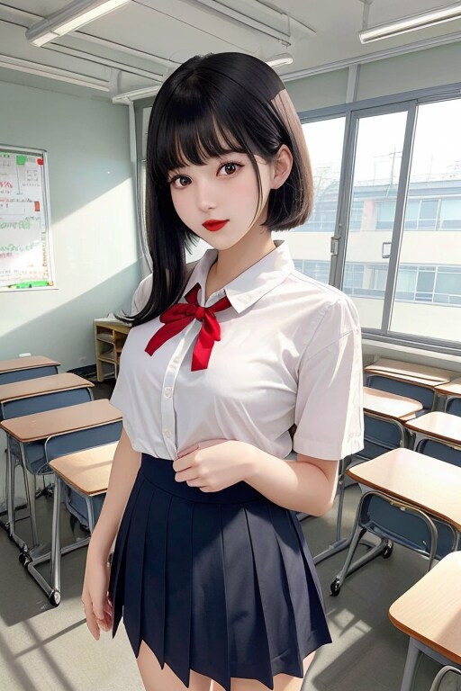 黒髪ショート女子校生　背景細かく