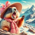 油絵&アニメ、アルプス山脈で可愛いリボンでオシャレした叫ぶマーモット 2枚目
