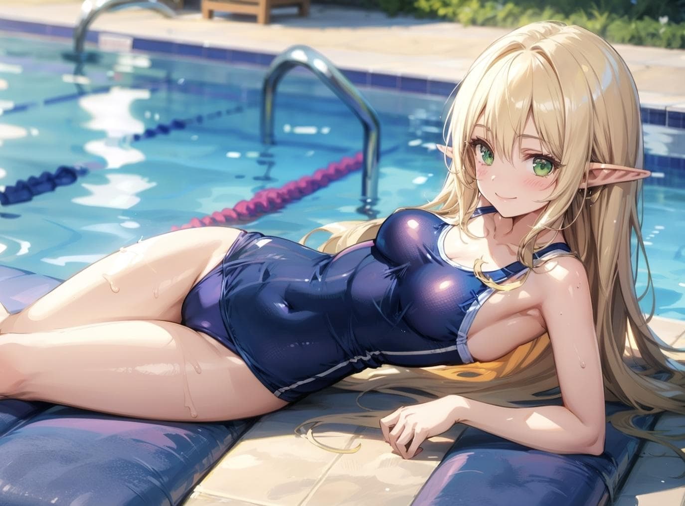 プールサイドで横になるスク水エルフちゃん
