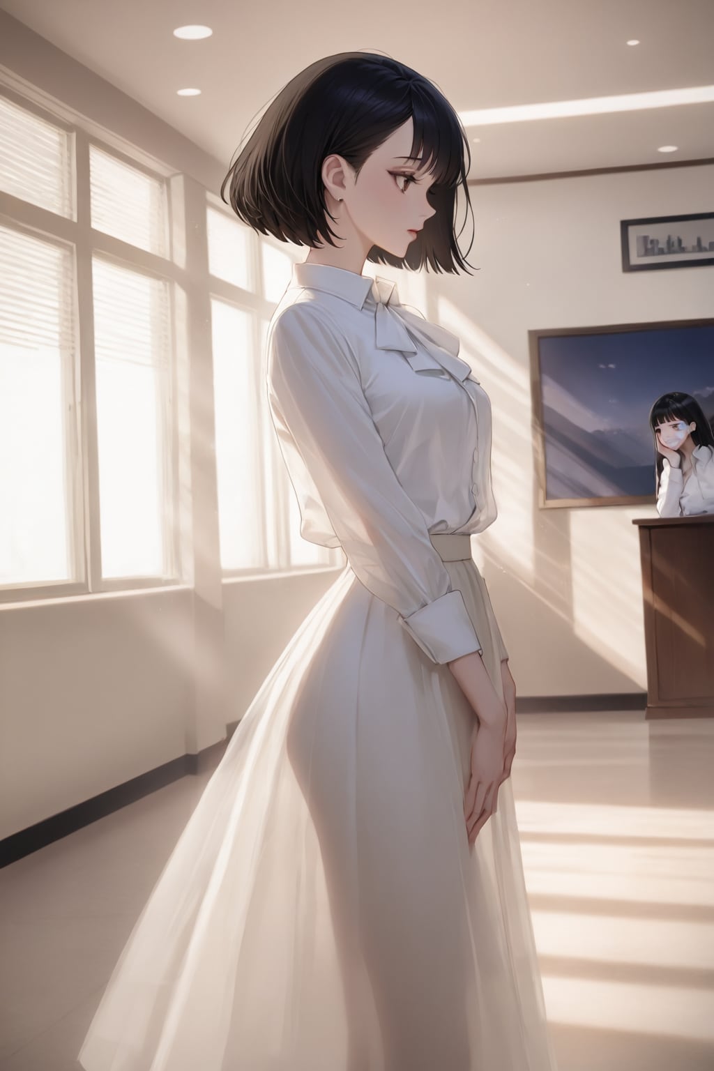 白いdress shirtの黒髪さん（透け感の「ガーゼ生地」指定が悪さをしています）