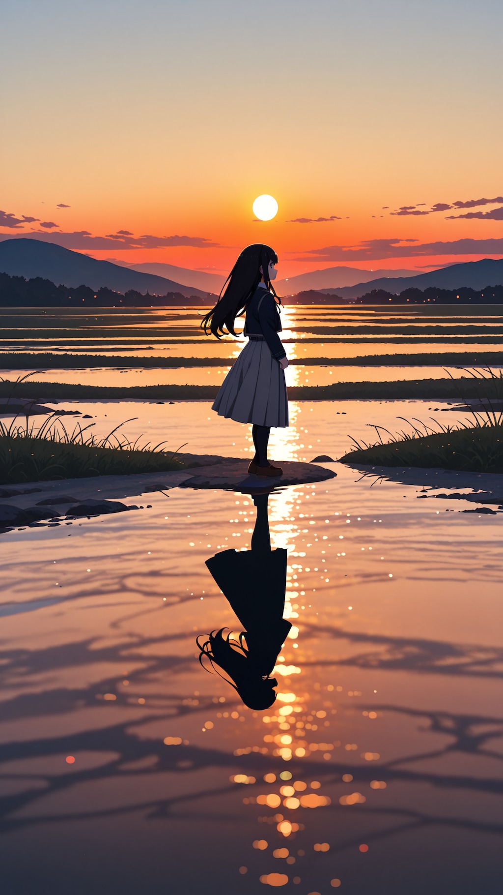 夕焼けの田園シルエット