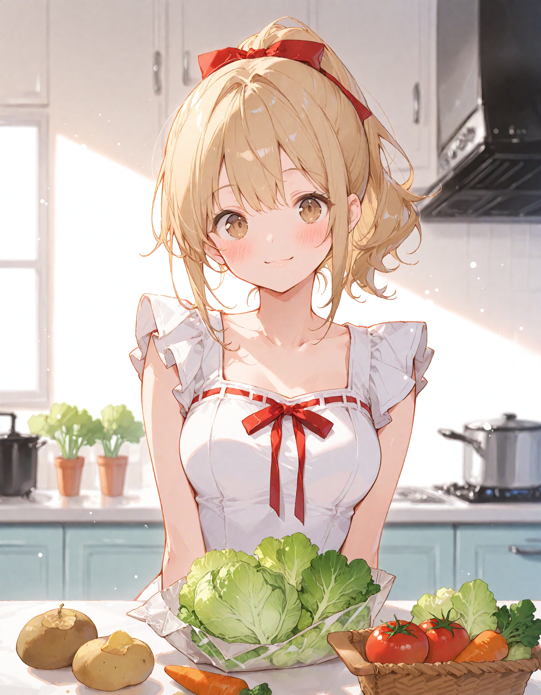 野菜を買ってきた金ポニテちゃん | の人気AIイラスト・グラビア