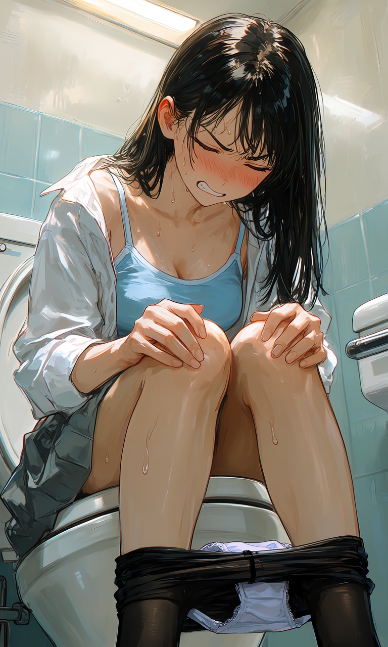 はだけたシャツの感じが良い、全力でふんばる女の子