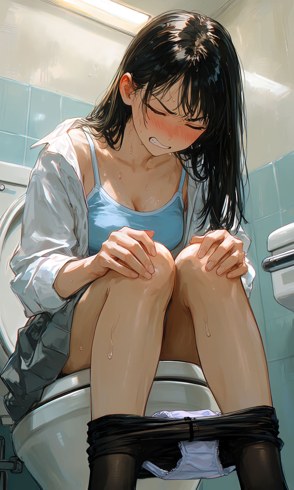 はだけたシャツの感じが良い、全力でふんばる女の子