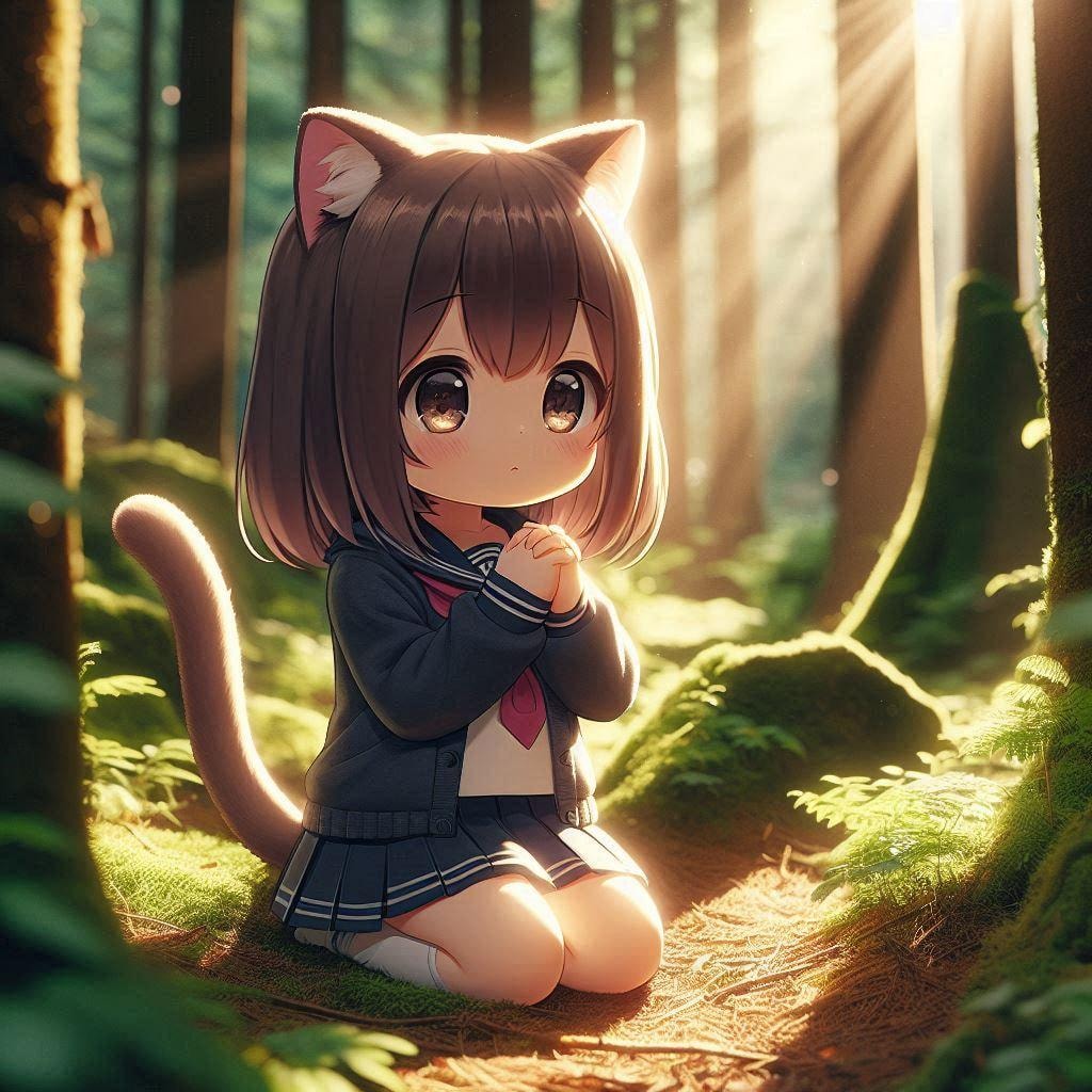 ケモ神様にお祈りをする、ケモミミの女の子