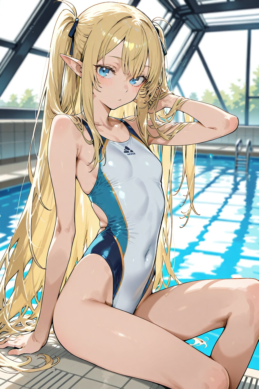 【習作】オリジナルキャラ系エルフ族の競泳水着　ー例のプールー
