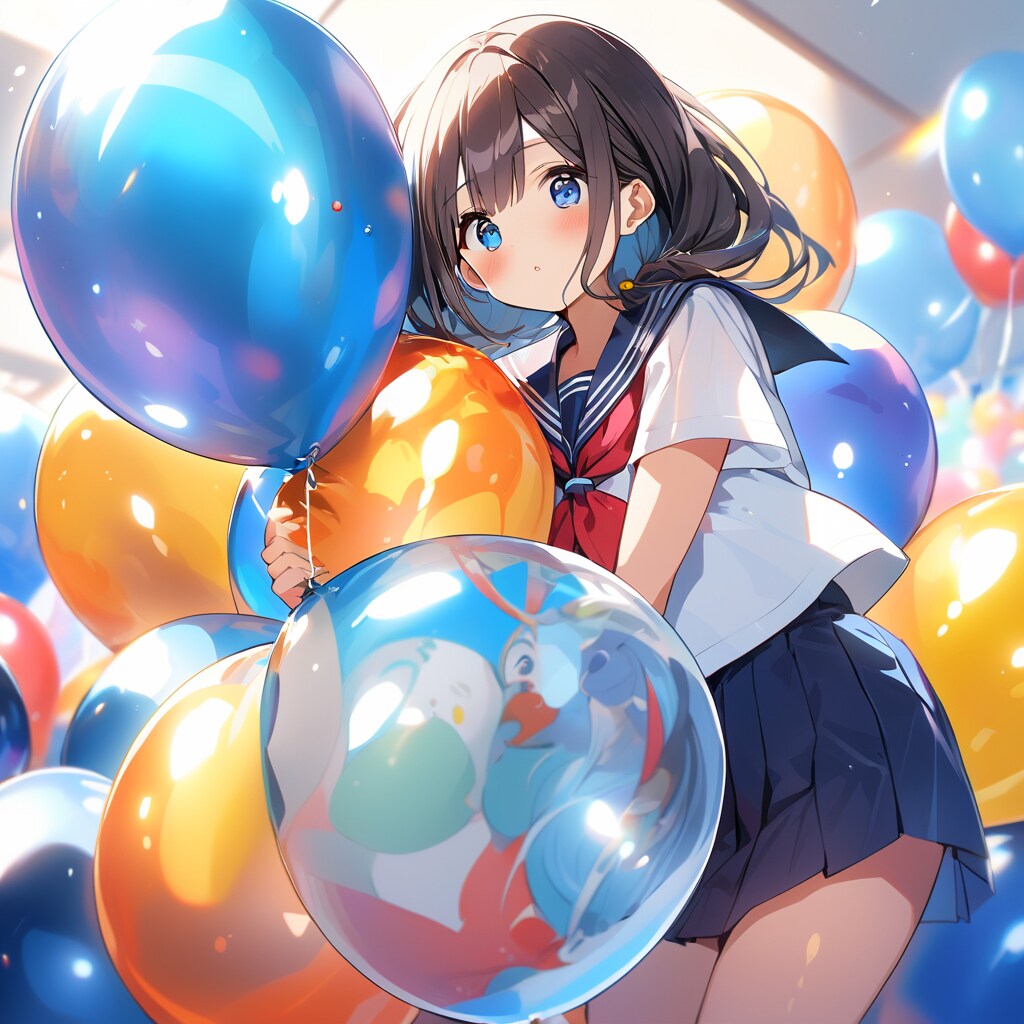 体育館で沢山の風船を膨らませて遊ぶセーラー服の美少女 | の人気AIイラスト・グラビア