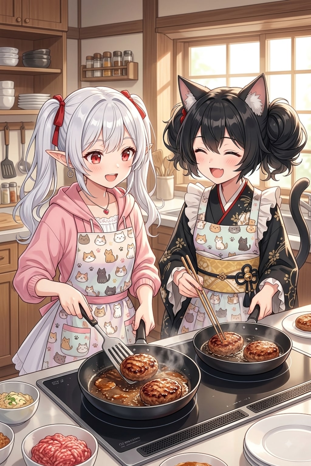 ハンバーグを作るシロネさんと咲夜さん