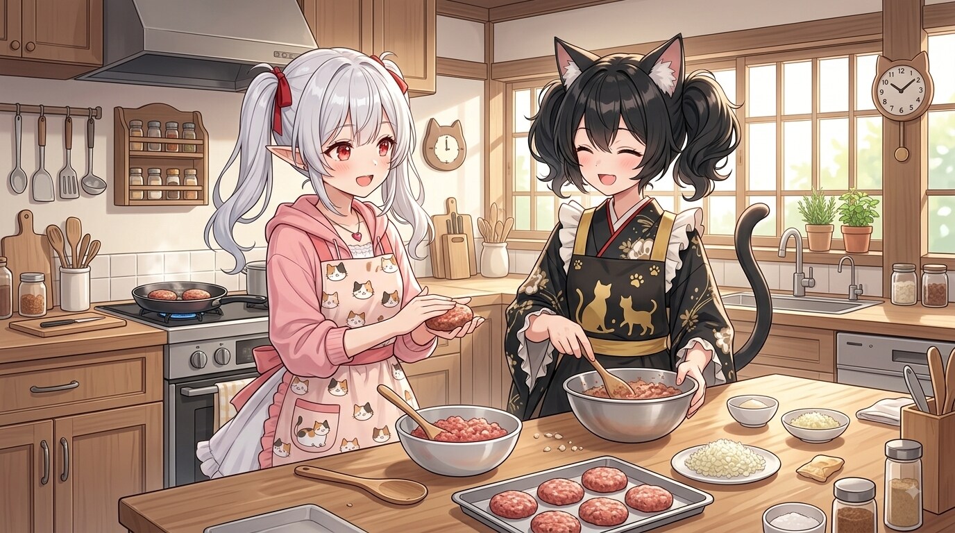 ハンバーグを作るシロネさんと咲夜さん | の人気AIイラスト・グラビア