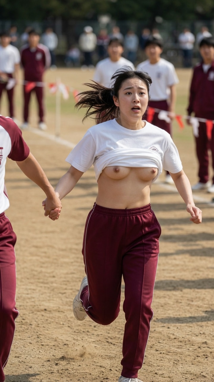 借り物競走:胸を露出している女子