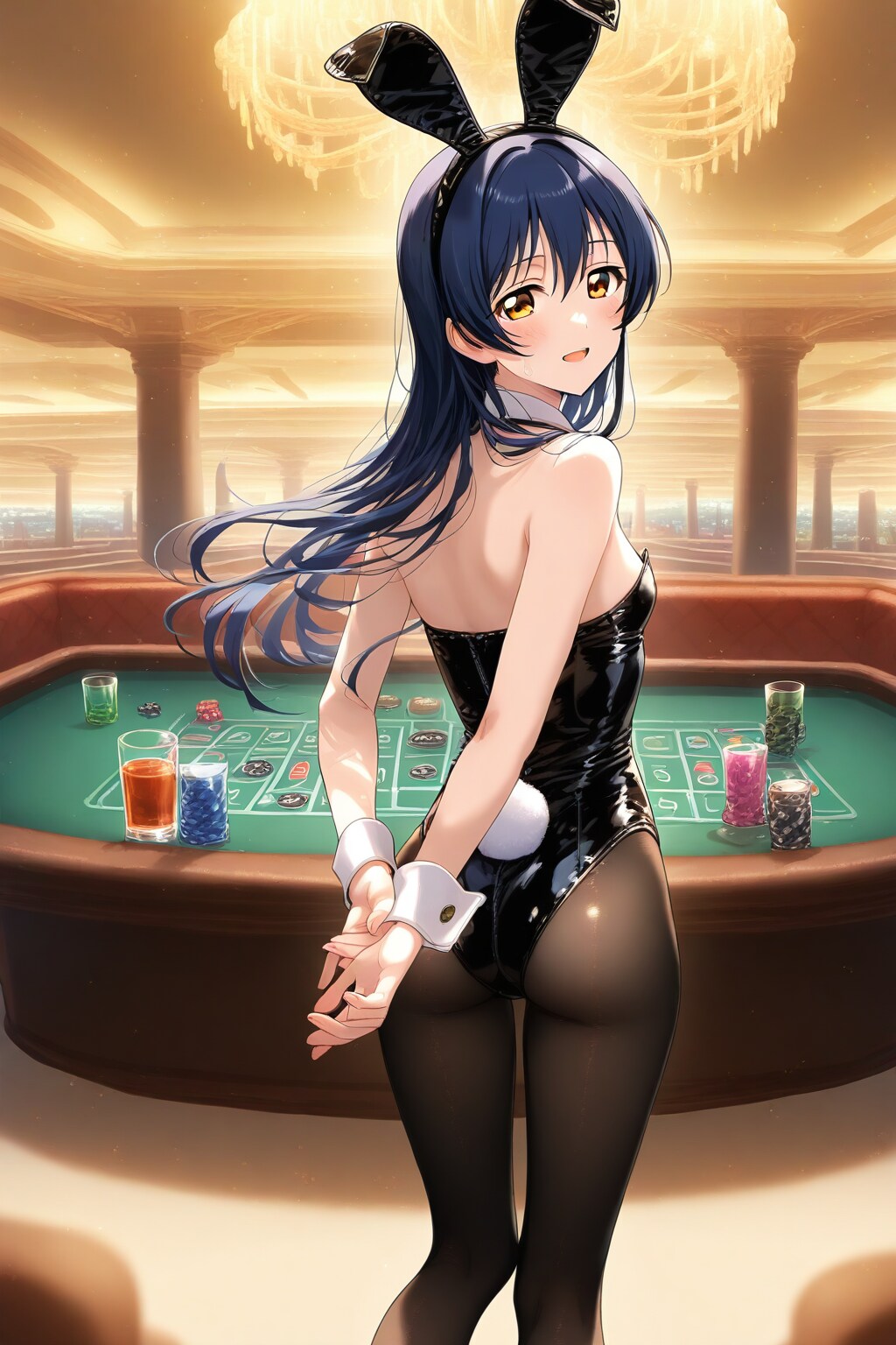カジノにて、バニーガール衣装の海未さんと。
